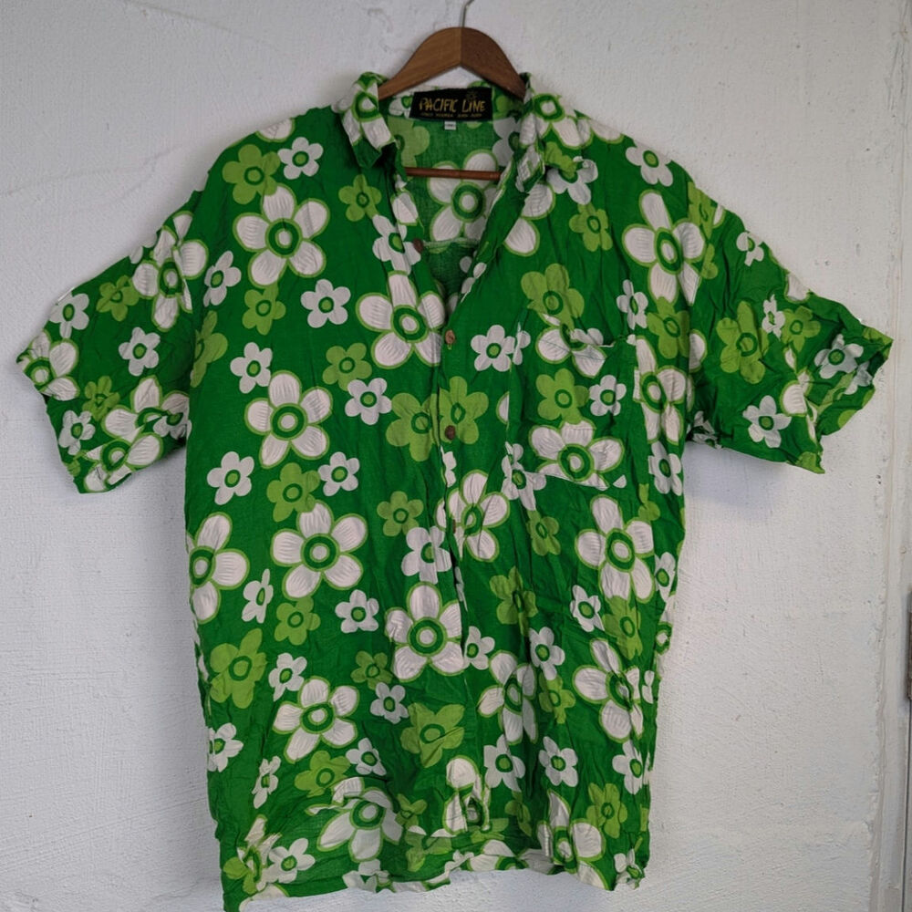Vtg Tropical Hawaiian Shirt Button Up Green Floral Vacation Resort Mens Medium